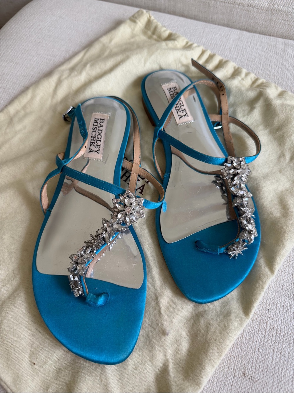 Badgley Mischka Teal Satin Jeweled T-Strap Sandals